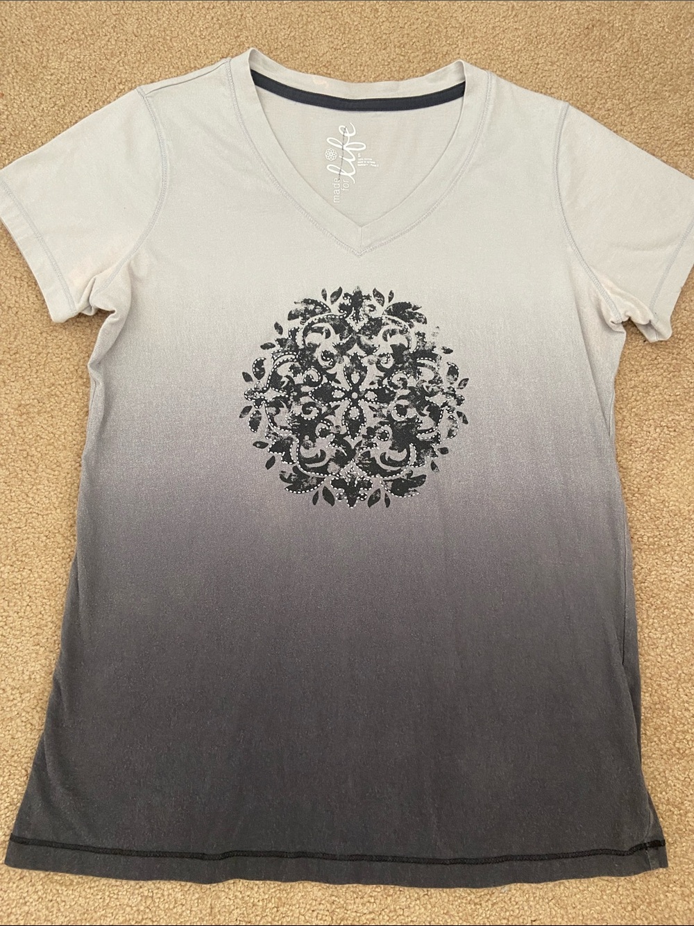 made for life White-to-Gray Ombre V-Neck Tee with Black Medallion